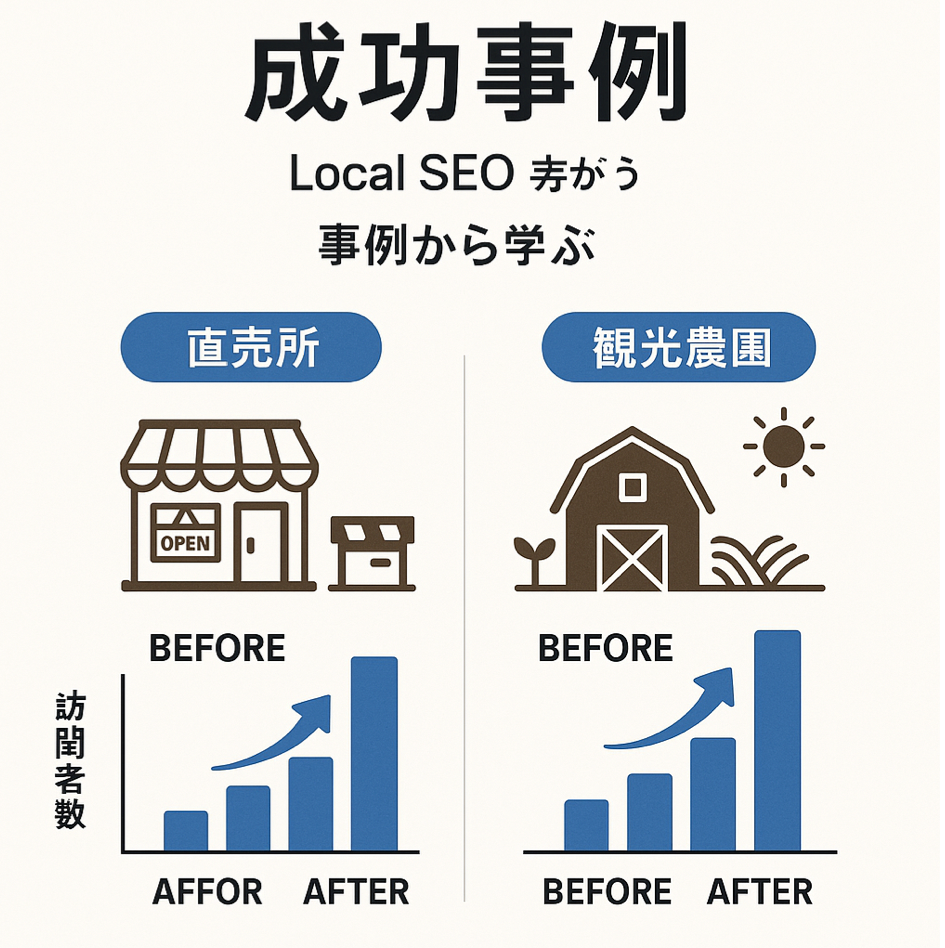 ローカルSEO農業の成功事例から学ぶ直売所・観光農園の実績を表現した図解イラスト