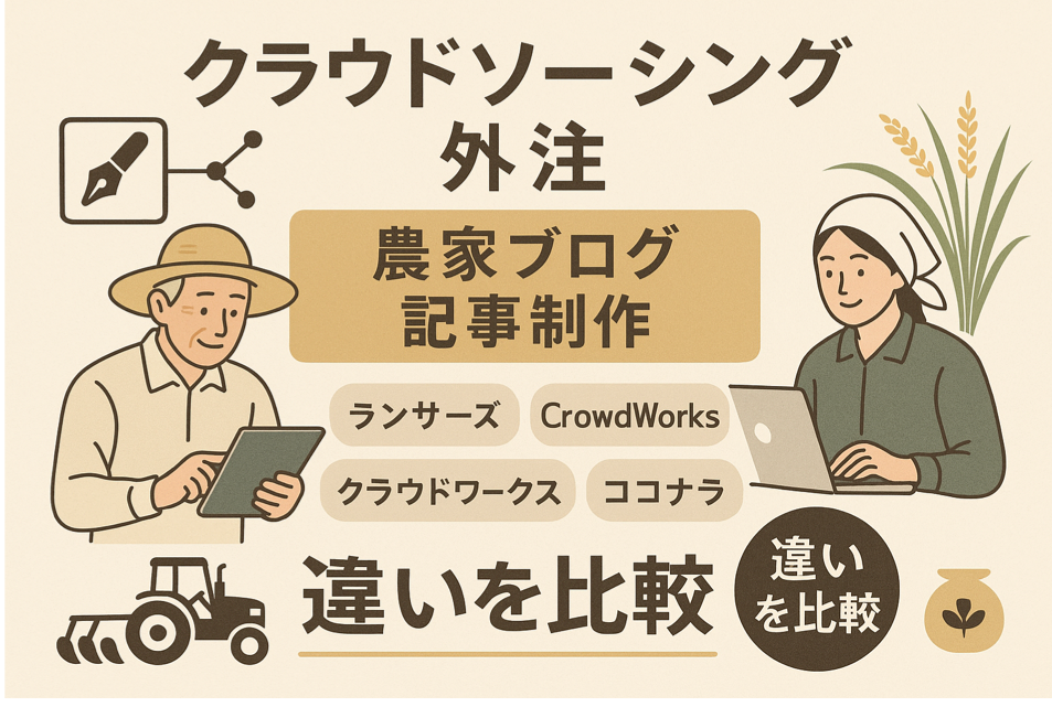 クラウドソーシングで外注する農家ブログ記事制作の違いを比較することを表現した図解イラスト