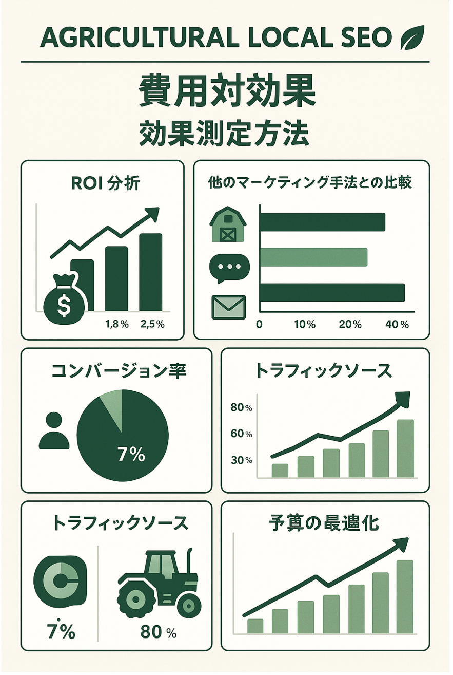 ローカルSEO農業の費用対効果と効果測定方法をROI分析で表現した図解イラスト