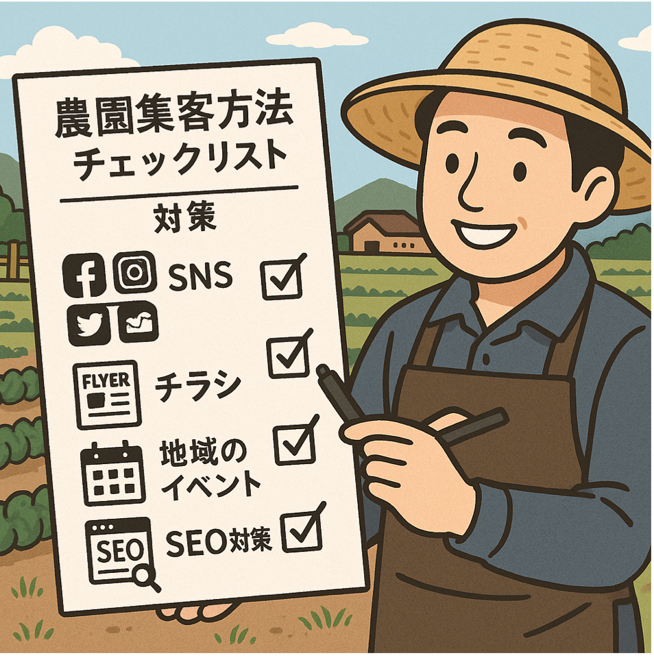 農園集客方法とローカルSEO対策のチェックリストを実践的に表現した図解イラスト