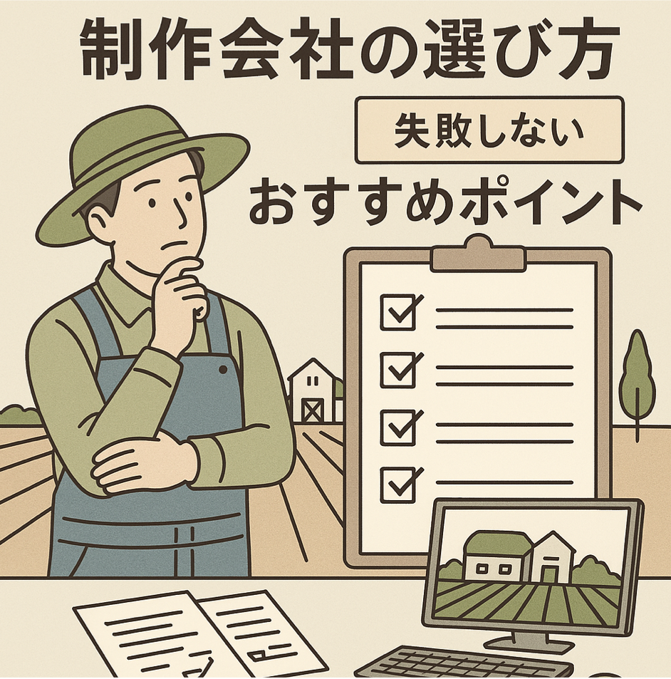 農家ホームページ制作会社の選び方と失敗しないおすすめポイントを表現した図解イラスト