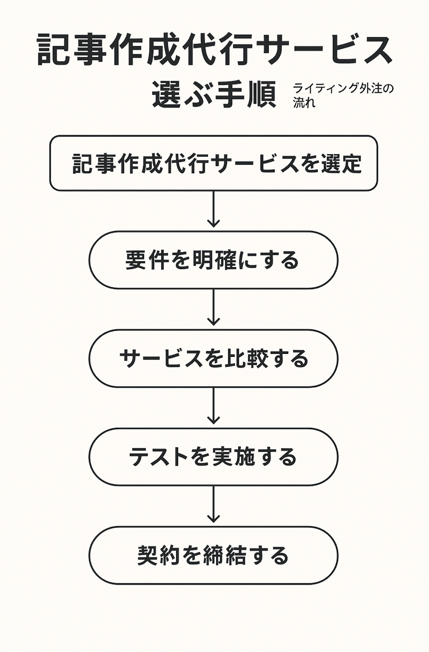 農業ブログの記事作成代行サービスを選ぶ手順とライティング外注の流れを表現した図解イラスト