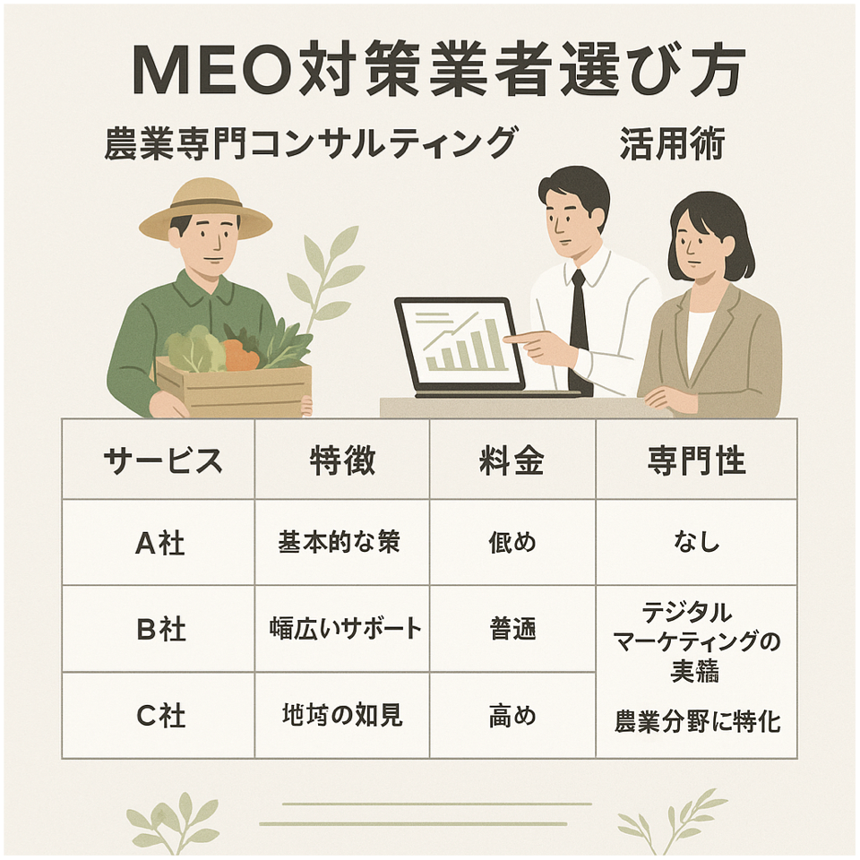 MEO対策業者選び方とローカルSEOの農業専門コンサルティング活用術を表現した図解イラスト