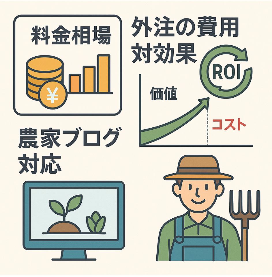 農家ブログ対応記事作成代行サービスの料金相場と外注の費用対効果を表現した図解イラスト