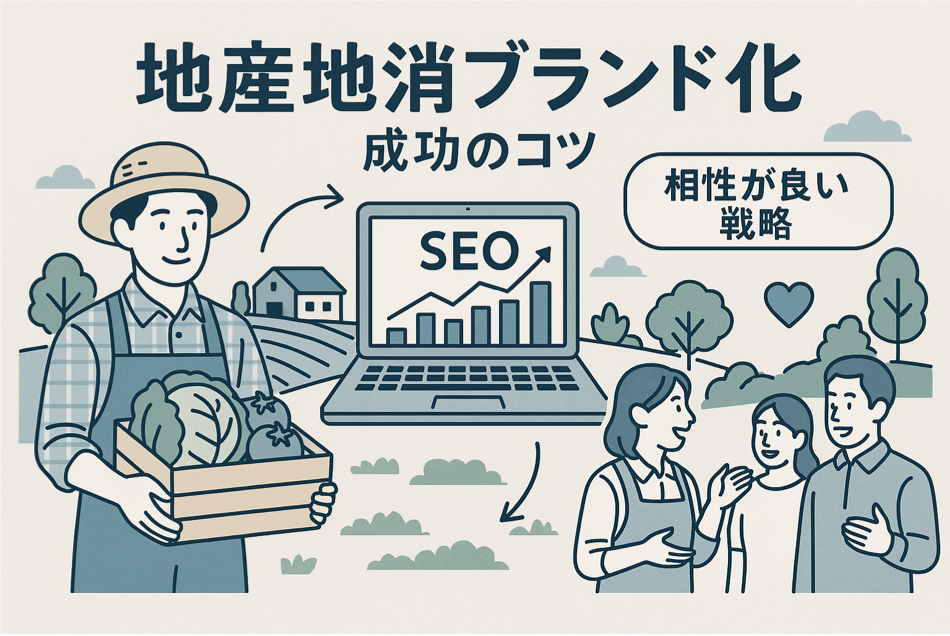 農業Webマーケティングで地産地消ブランド化を成功させるコツとローカルSEOとの相性を表現した図解イラスト