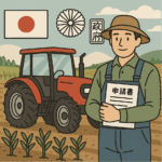 トラクター農業補助金申請プロセスのイラスト、農家が書類とトラクター購入で政府支援を受けている様子