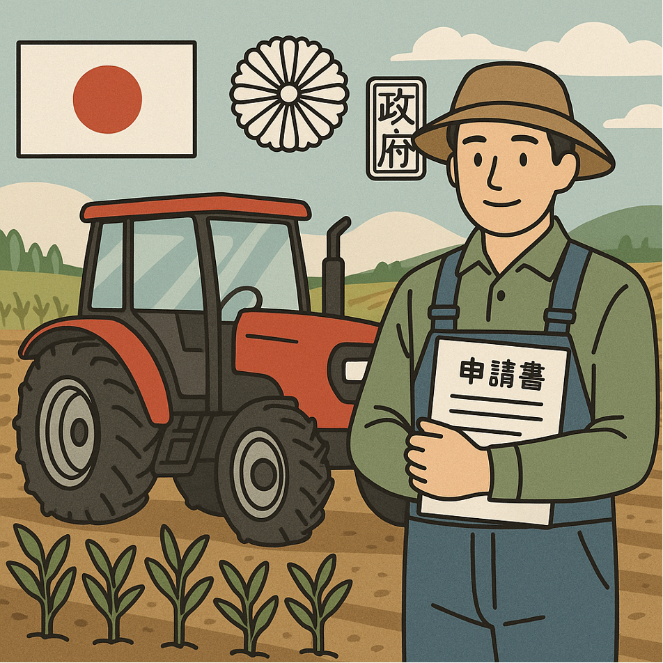 トラクター農業補助金申請プロセスのイラスト、農家が書類とトラクター購入で政府支援を受けている様子