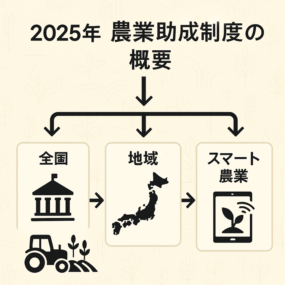 2025年農業補助金制度の全体像を示すインフォグラフィック、国・地域・スマート農業プログラムのアイコンと説明