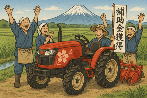トラクター補助金の活用に成功した農家が祝福している様子、農業運営の改善と生産性向上を表現