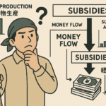 農業補助金問題の実態を表すイラスト - 疑問を抱く農業者と資金フローチャート、統計グラフを組み合わせた図解