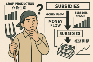 農業補助金問題の実態を表すイラスト - 疑問を抱く農業者と資金フローチャート、統計グラフを組み合わせた図解
