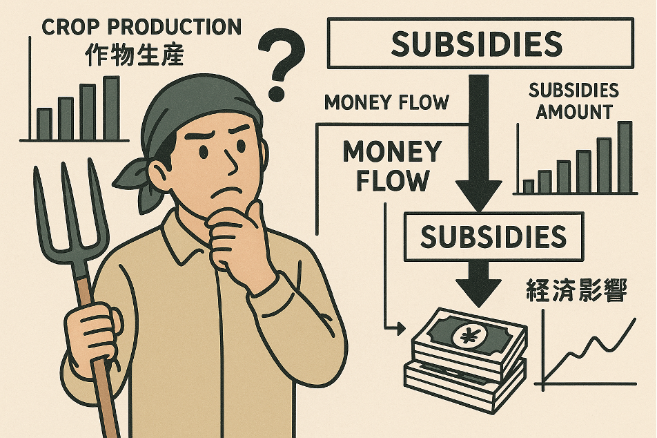 農業補助金問題の実態を表すイラスト - 疑問を抱く農業者と資金フローチャート、統計グラフを組み合わせた図解
