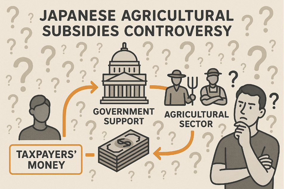 補助金批判の背景を表すイラスト - 日本の農業補助金論争と疑問符、納税者の資金フロー、政府支援を示す図解
