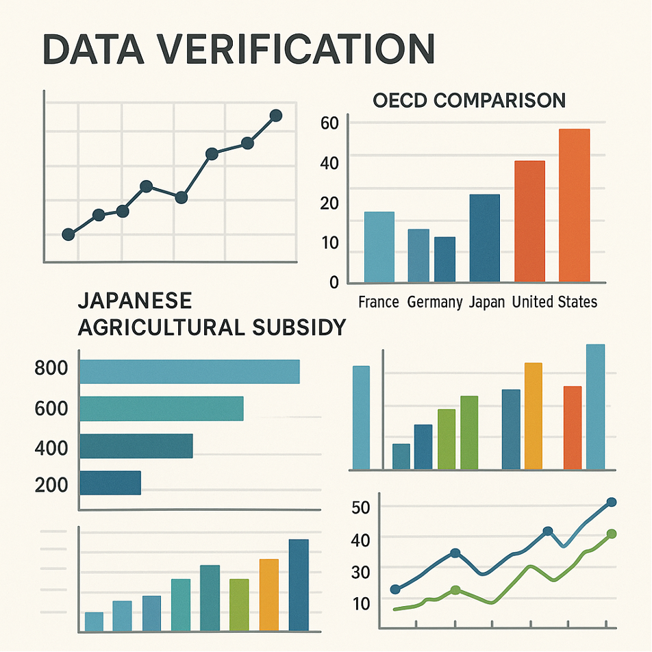 データによる実態検証を表すイラスト - 統計チャート、OECD比較グラフ、日本の農業補助金分析データと数値、棒グラフ