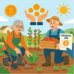 50歳以上の成熟した農家が政府補助金支援を受けながら農業を始めるイラスト、資金支援シンボル付き