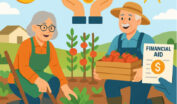 50歳以上の成熟した農家が政府補助金支援を受けながら農業を始めるイラスト、資金支援シンボル付き
