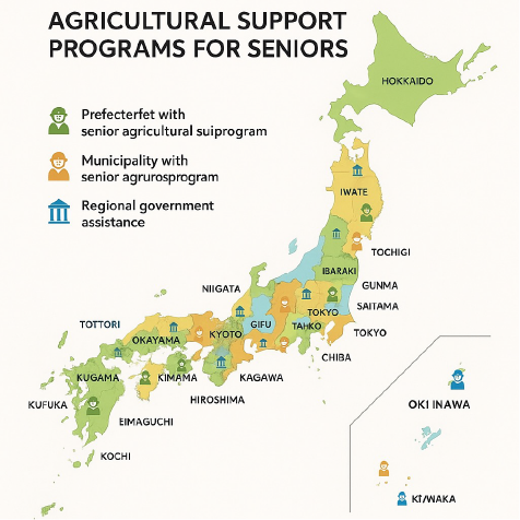 都道府県・市町村の高齢者向け農業支援プログラムを示す日本地図、地域政府支援シンボル付き