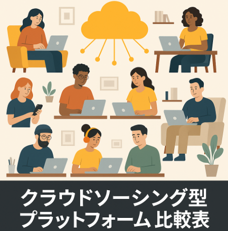 クラウドアイコンと多数のリモートワーカーシルエットが並ぶクラウドソーシングイメージ