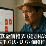 PC画面で価格推移グラフとPDF資料を真剣に確認する米農家のイメージ