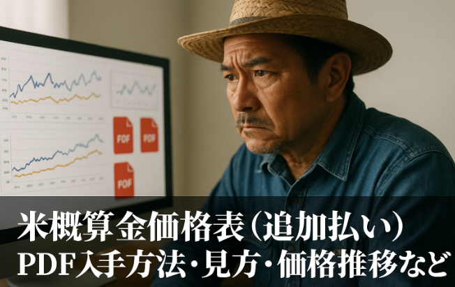 PC画面で価格推移グラフとPDF資料を真剣に確認する米農家のイメージ