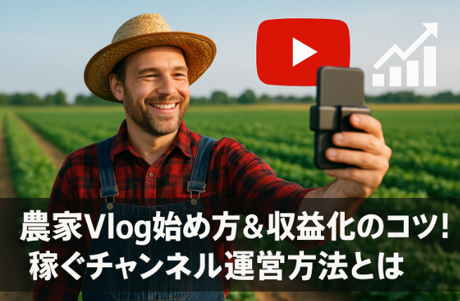 田畑でスマートフォン撮影する笑顔の農家とYouTube収益化要素を組み合わせたVlogイメージ