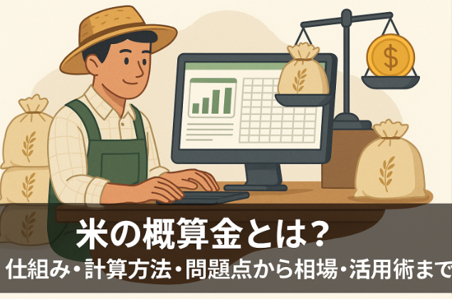 PC表計算ソフトで作業する農家と天秤に載せた米俵・お金を組み合わせた概算金システム解説イメージ