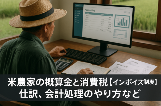 PC表計算ソフトで作業する農家と天秤に載せた米俵・お金を組み合わせた概算金システム解説イメージ
