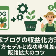 ブログと農産物からスタートして収益化戦略を経て売上アップ成功へ向かうブログ成長フローイメージ