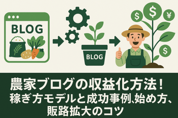 ブログと農産物からスタートして収益化戦略を経て売上アップ成功へ向かうブログ成長フローイメージ