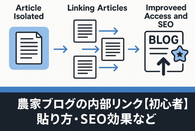 孤立した記事から内部リンクで相互に繋がり、SEO評価とアクセス向上を実現するフローイメージ
