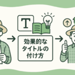 タイトルが付けられない記事から効果的なタイトル付け方を学び、集客・収益化に成功する流れを示すフローイメージ