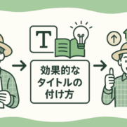 タイトルが付けられない記事から効果的なタイトル付け方を学び、集客・収益化に成功する流れを示すフローイメージ