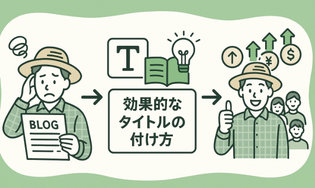 タイトルが付けられない記事から効果的なタイトル付け方を学び、集客・収益化に成功する流れを示すフローイメージ