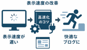 読み込みが遅いブログ画面から高速化ノウハウを経て快適に閲覧できるブログへ変化するフローイメージ