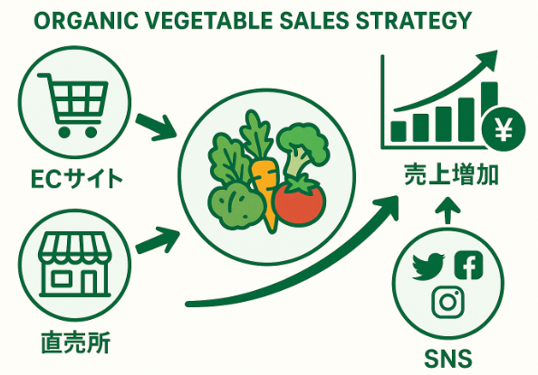有機野菜を中心にECサイト、直売所、SNSを繋いで最終的に売上アップに至るフローイメージ