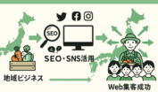 地産地消ビジネスの強みからSEO・SNS活用を経て全国へのWeb集客成功を表すフローイメージ