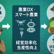 人手不足・高齢化の課題にドローンやAIなどの農業DX技術を導入し、経営効率化・生産性向上を実現するフローイメージ