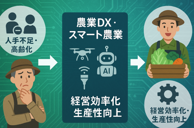 人手不足・高齢化の課題にドローンやAIなどの農業DX技術を導入し、経営効率化・生産性向上を実現するフローイメージ