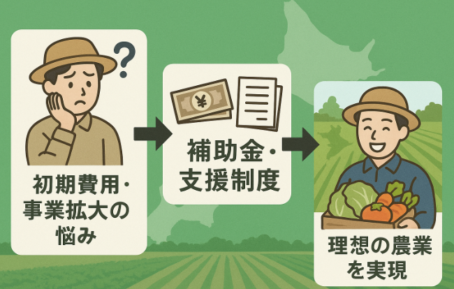 初期費用に悩む農家から補助金支援を受け、北海道の広大な畑で理想的な農業を実現するフローイメージ