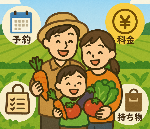 親子が楽しむ収穫体験を中央に配置し、周囲に予約・料金・持ち物アイコンを配したイベント情報フローイメージ