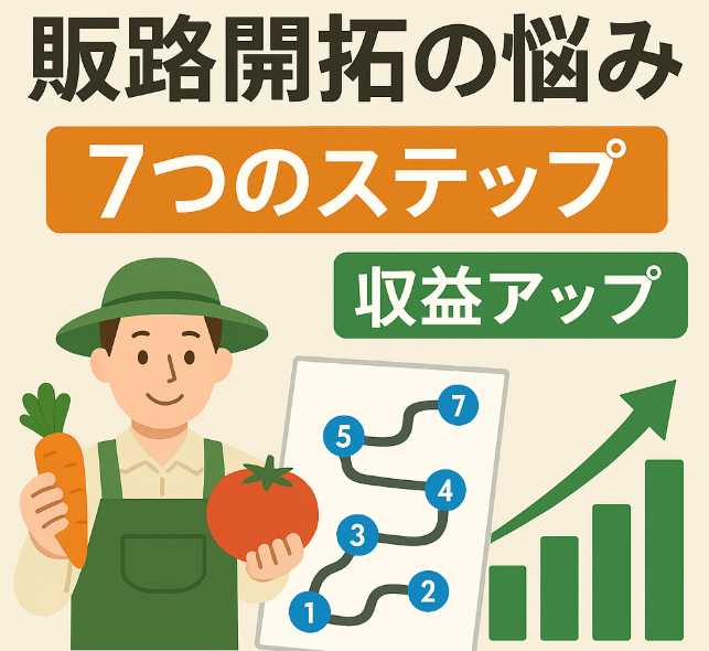 販路開拓に悩む農家から7つのステップを経て収益アップに至るロードマップフローイメージ