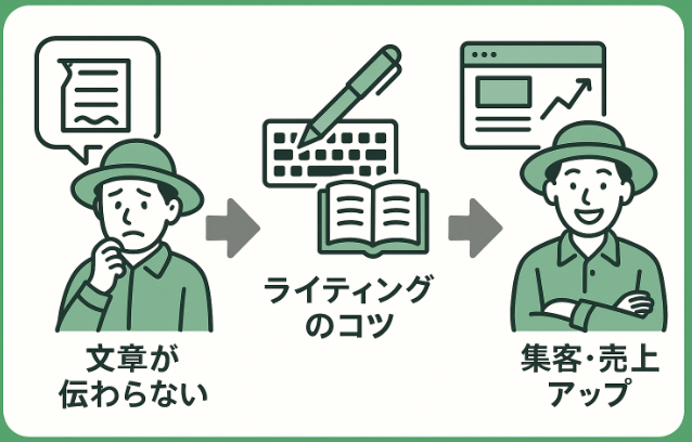 文章が伝わらない農家からライティングのコツを学び、魅力的なWebサイトで集客・売上アップを実現するフローイメージ