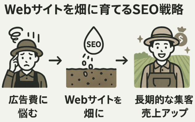 Webサイトを畑のように育てる農業SEO長期戦略の流れ図