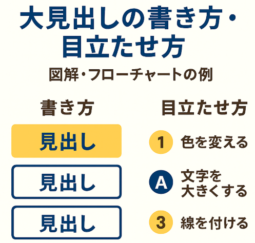 大見出しの書き方と目立たせ方を示す図解イラスト