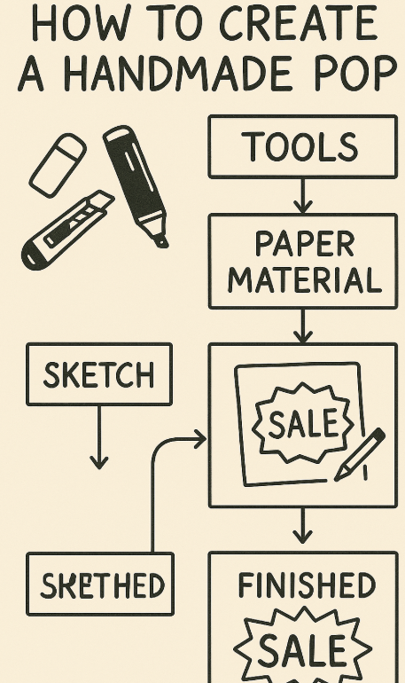 手書きPOPの基本ステップと必要な用具を示す図解