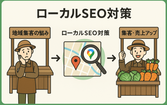 地域集客に悩む農家からローカルSEO対策を経て集客・売上アップを実現するフローイメージ