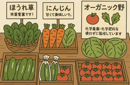 直売所での野菜POP活用例
