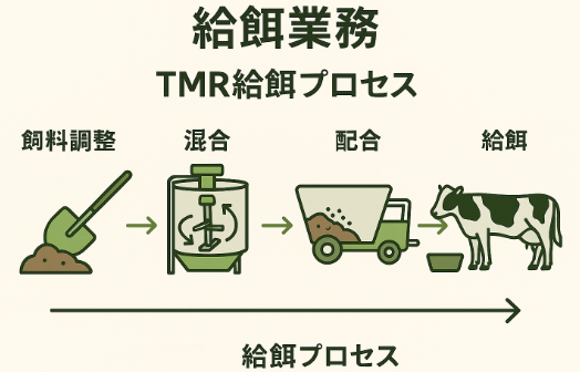 飼料調整→混合→配合→給餌のステップをテキストとアイコンで示す、TMR給餌業務のプロセス図解