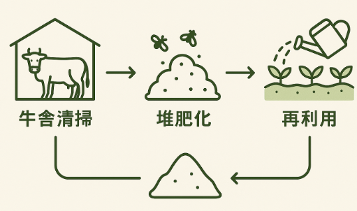 牛舎清掃→糞尿回収→堆肥化→再利用のフローを示す、清掃・糞尿処理業務図解