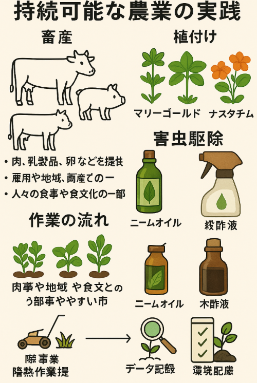 牧草管理・堆肥化による環境整備と、家畜健康データの記録・観察フローを示す、共通作業とデータ管理図解